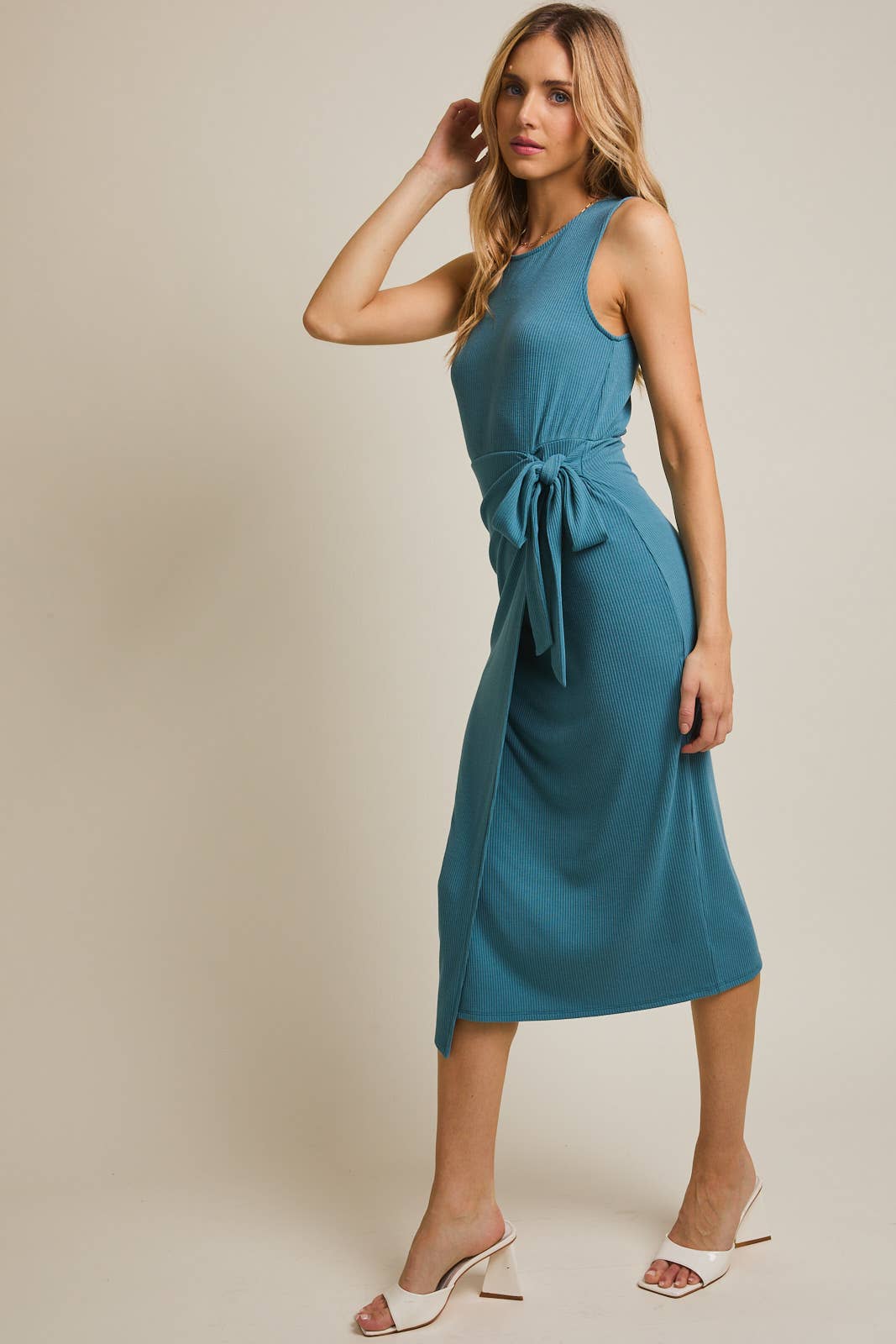 TEAL SLVLSS WRAP MIDI DRESS