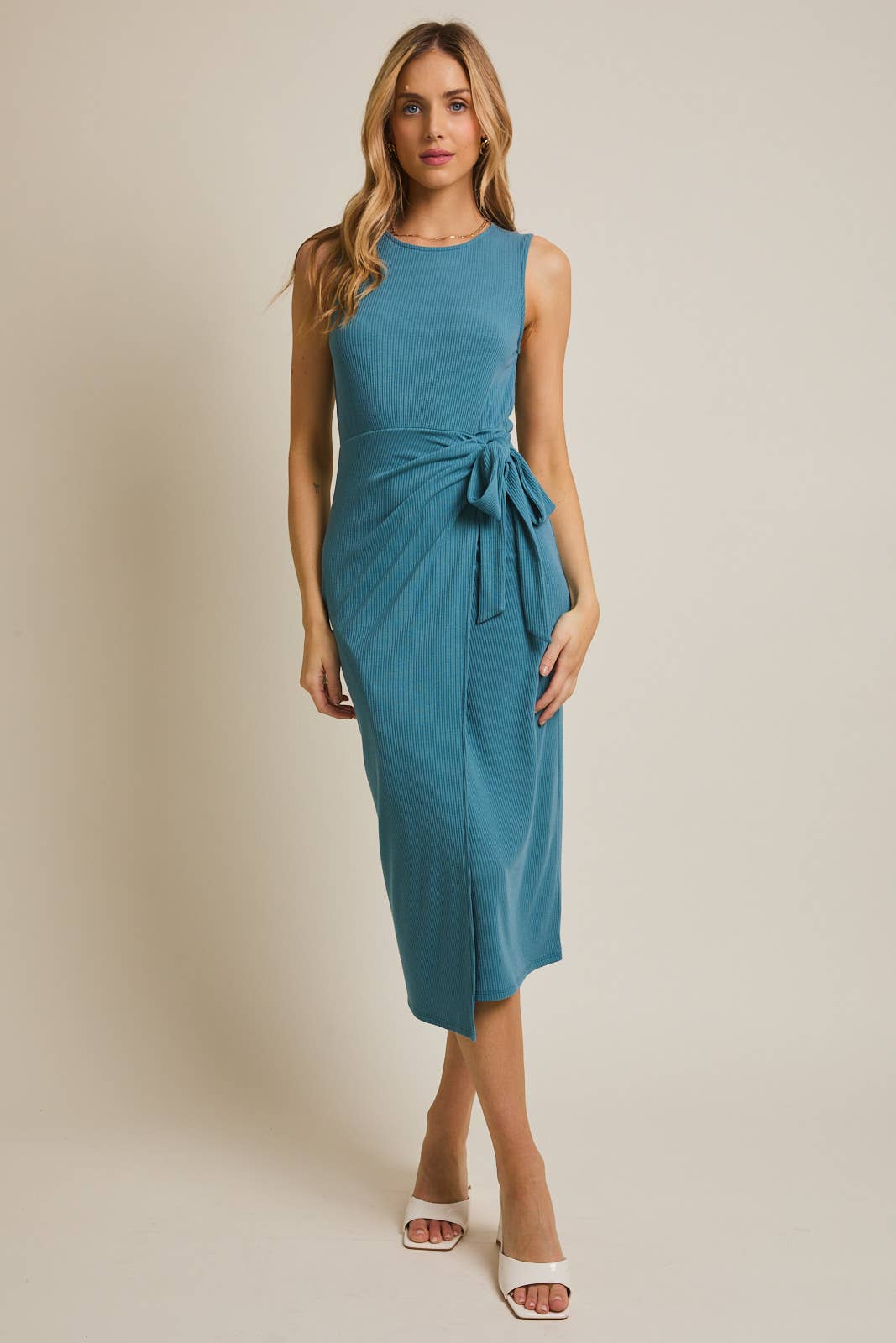 TEAL SLVLSS WRAP MIDI DRESS