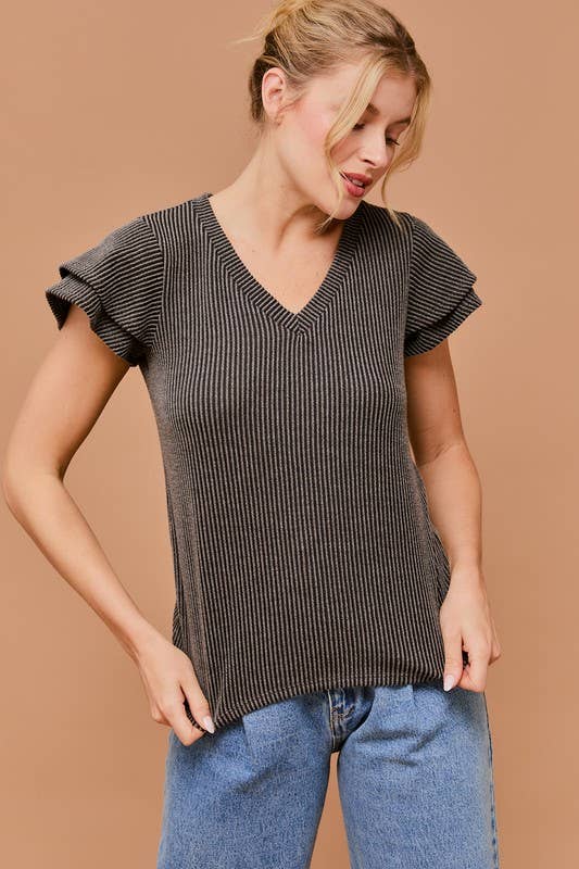 CHARCOAL RUFL SLV TEE