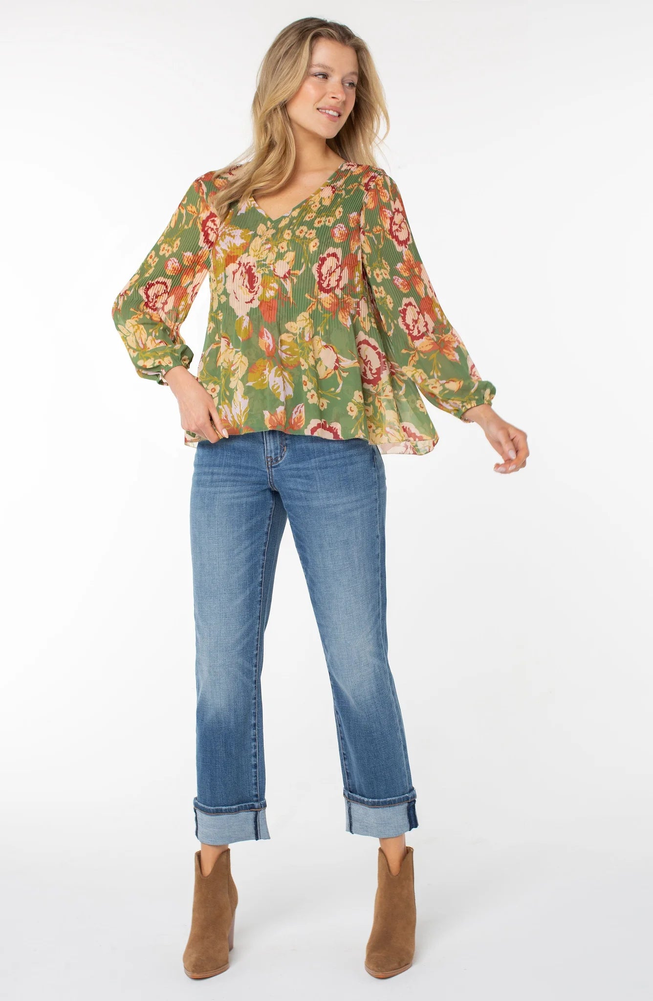 GRN FLRL PLEAT TOP