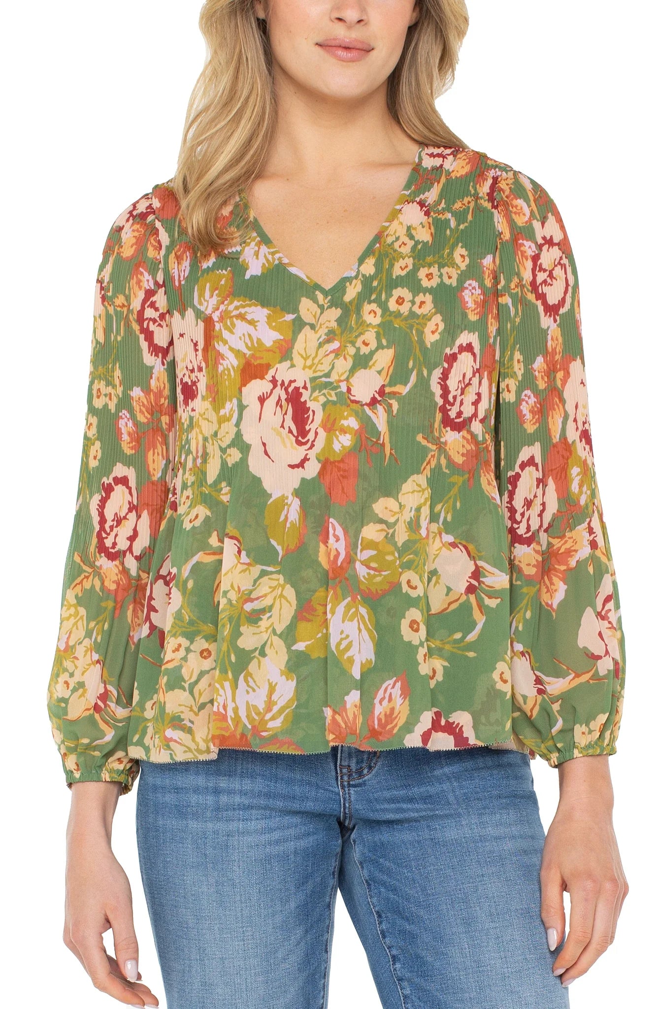 GRN FLRL PLEAT TOP