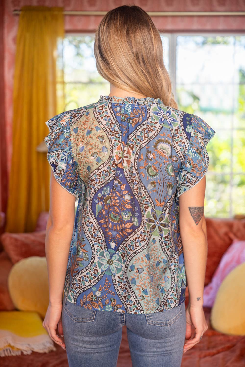 BLUE PLEATED SLV TOP
