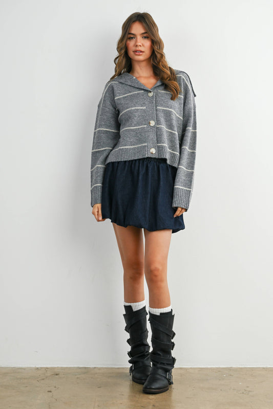 GREY STRIPE BTTN CARDI