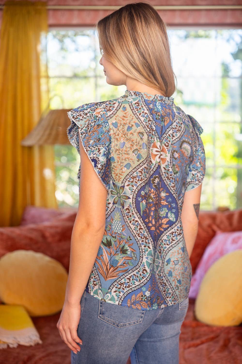 BLUE PLEATED SLV TOP
