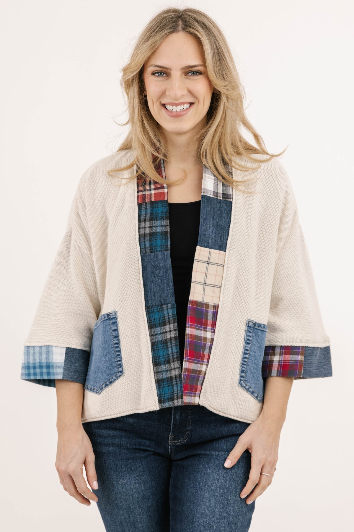 PLAID TRIM IVRY CARDI