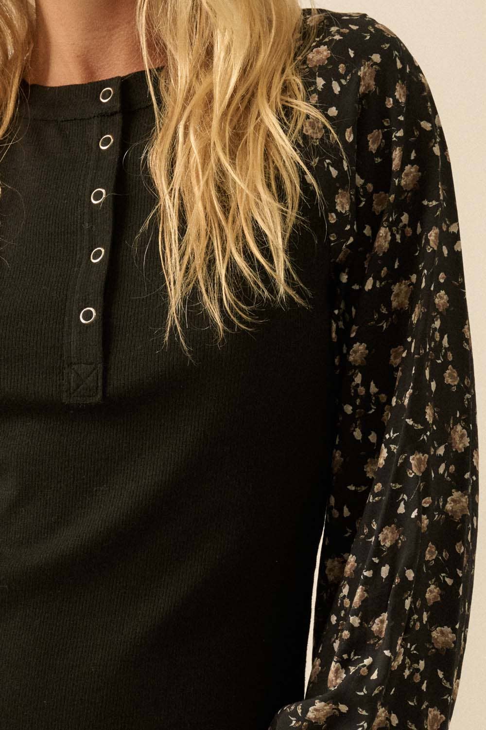 BLK HENLEY W FLRL SLVS