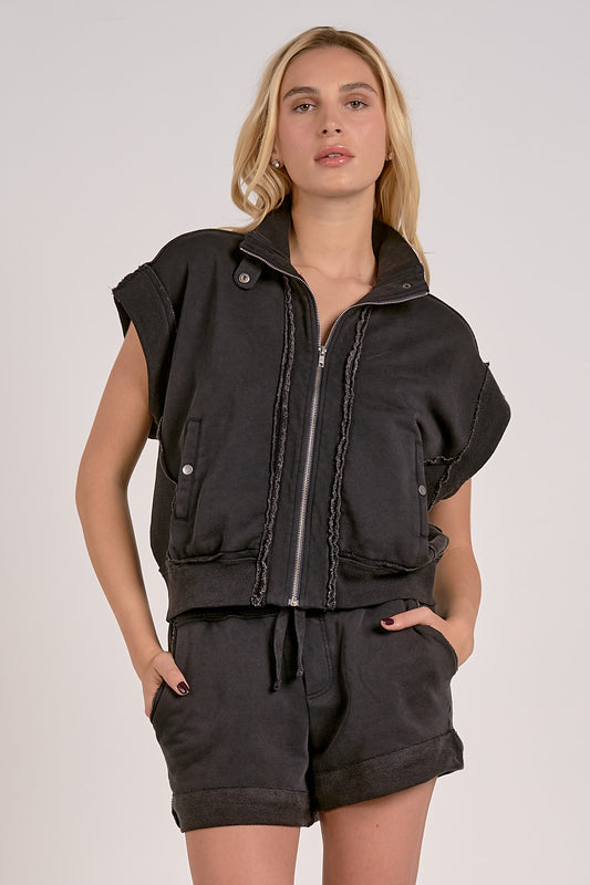 WASHED BLK ZIP FRNT VEST