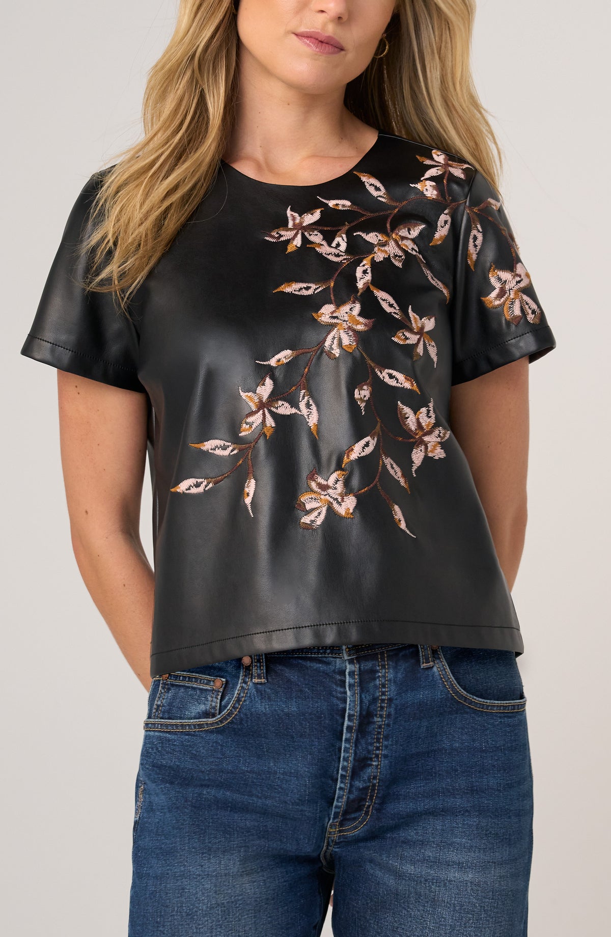 FAUX LTHR EMB BLK TEE