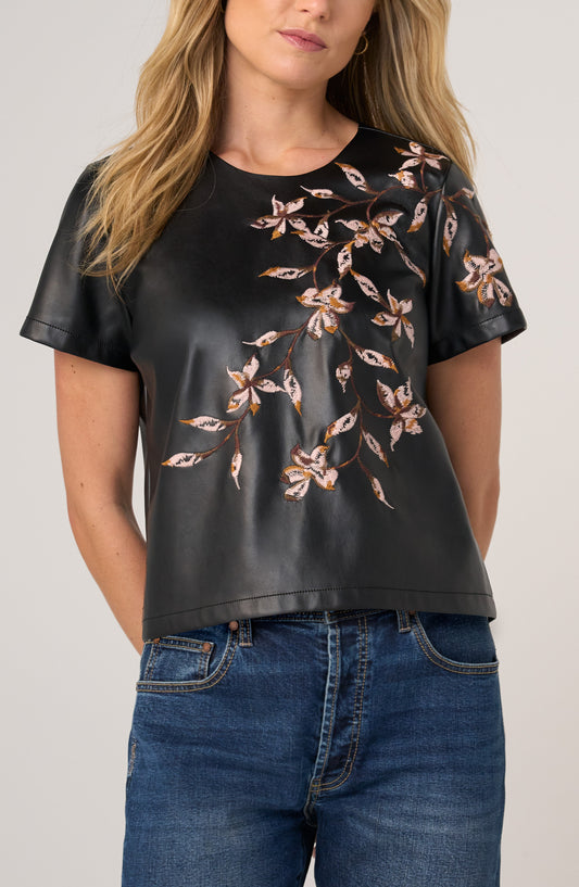 FAUX LTHR EMB BLK TEE