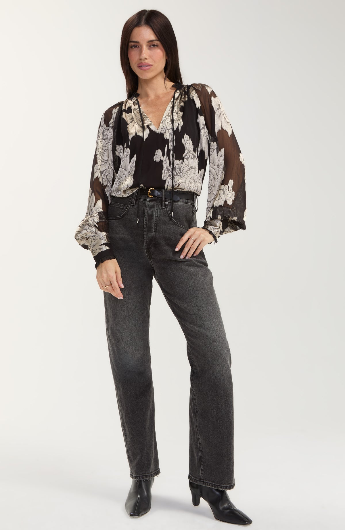 BK/GRY SHEER FLW BLS