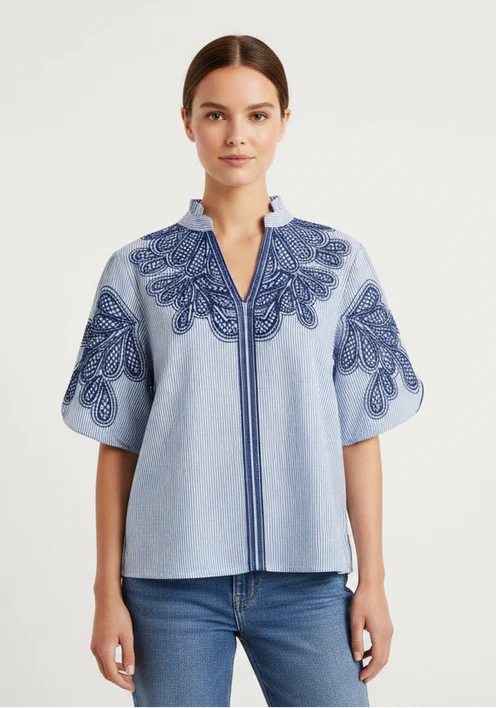 NVY EMB SLV PUF TOP