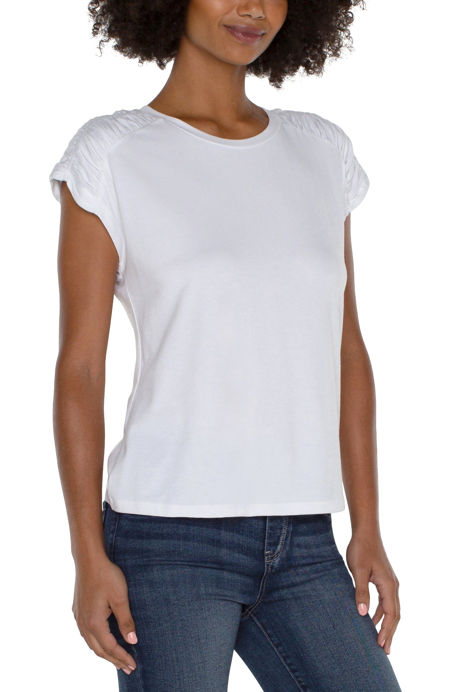 WHITE SMOCKED SHLDR TEE