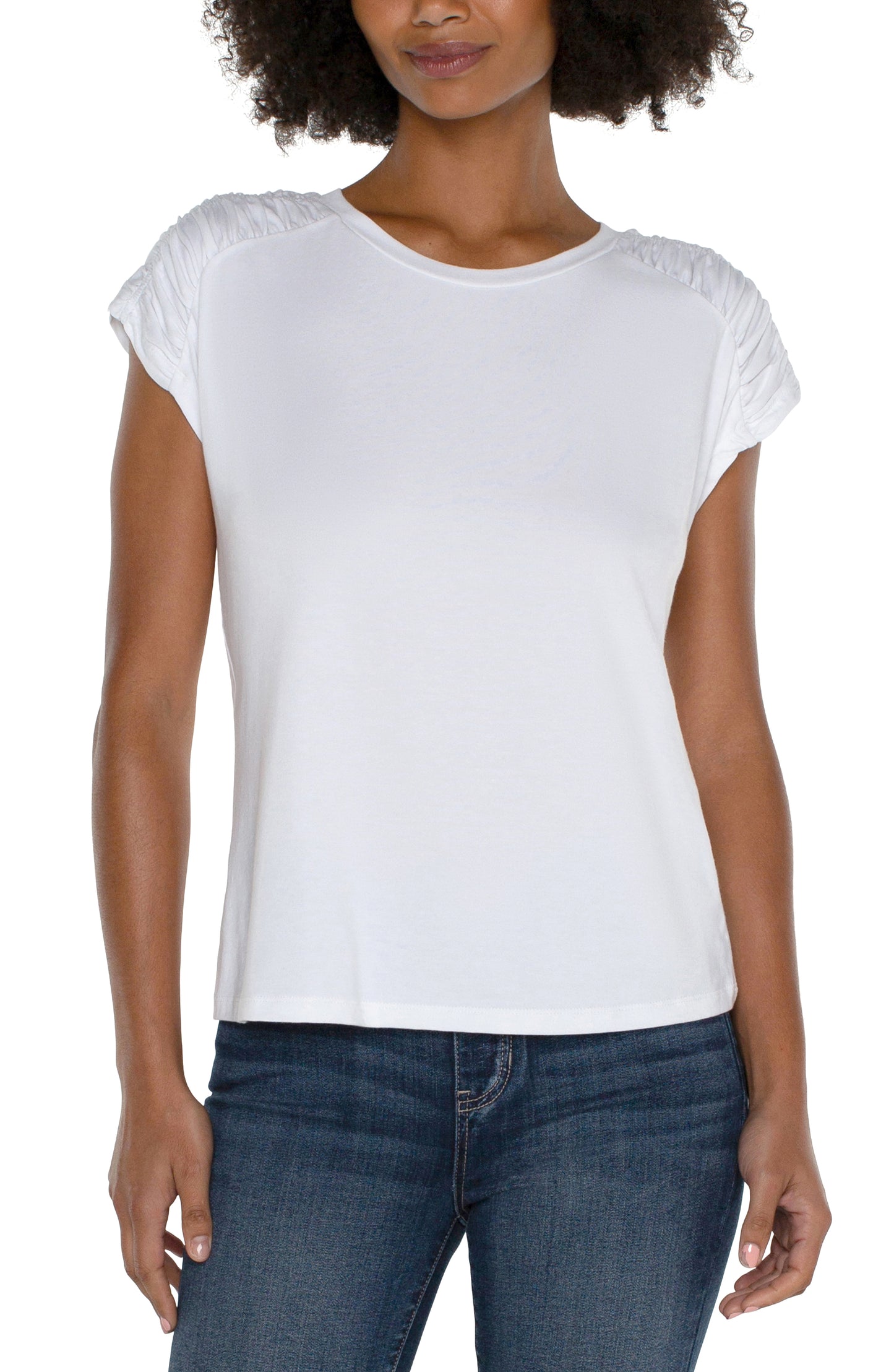 WHITE SMOCKED SHLDR TEE