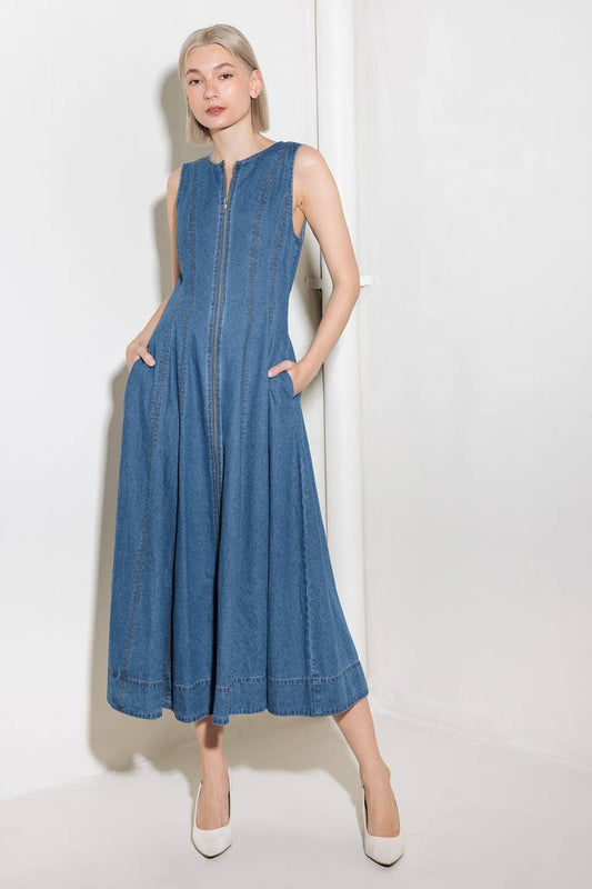 FULL ZIP DENIM MIDI DRS