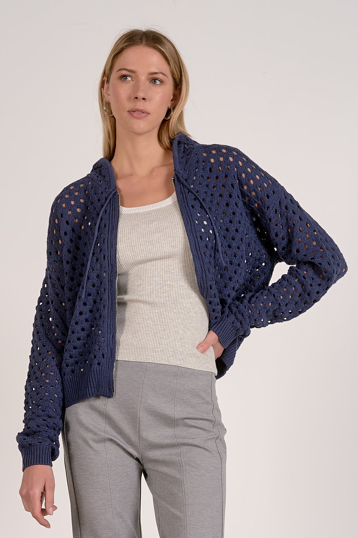 NAVY FULL ZIP CARDI
