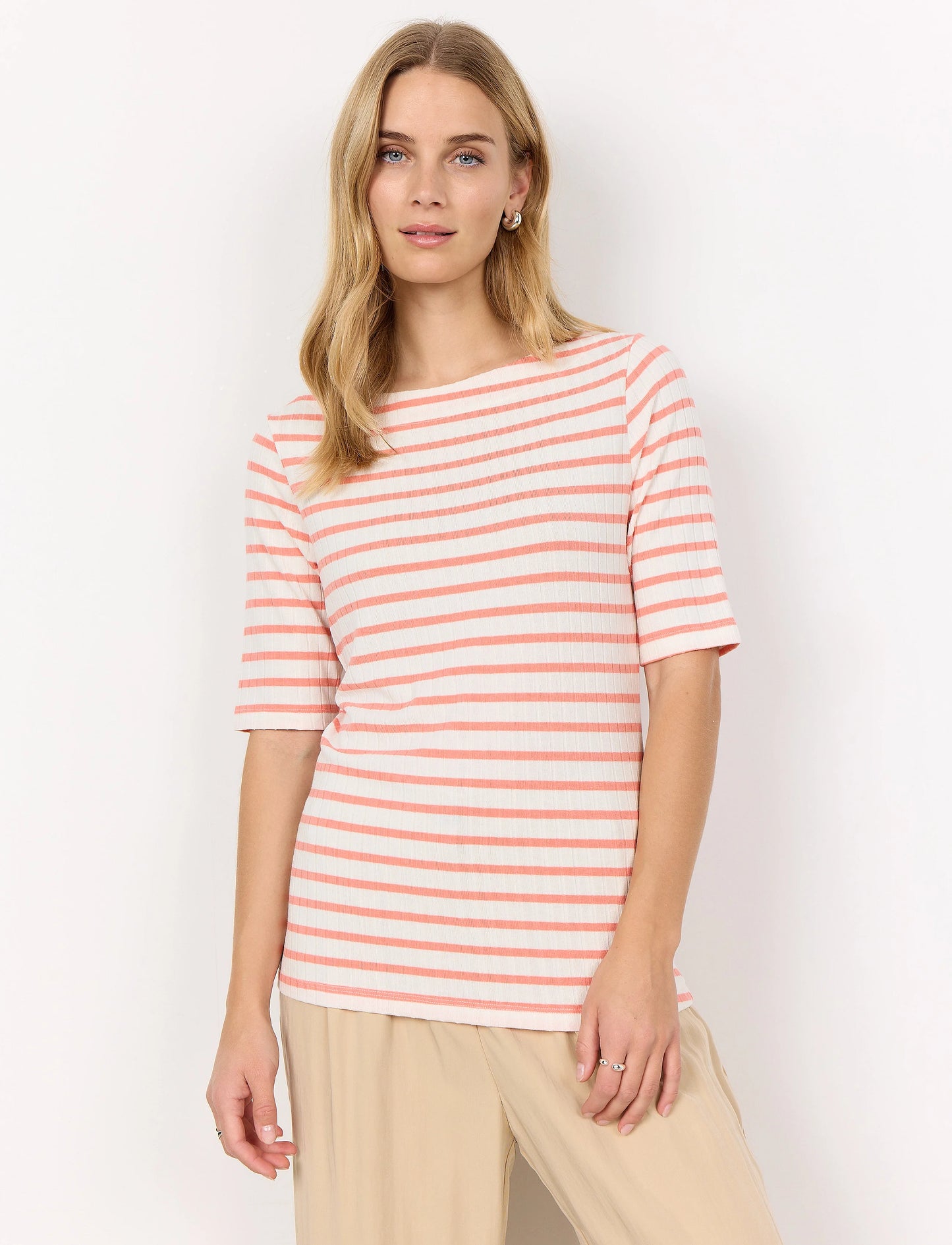 PEACH STRIPE BOAT NK TEE